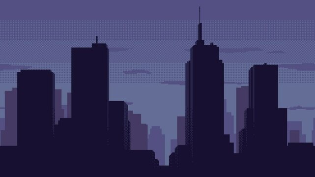 Animated pixel art city background with buildings and houses before dawn. Minimalist design for retro 8bit video game. Seamless loop animation.