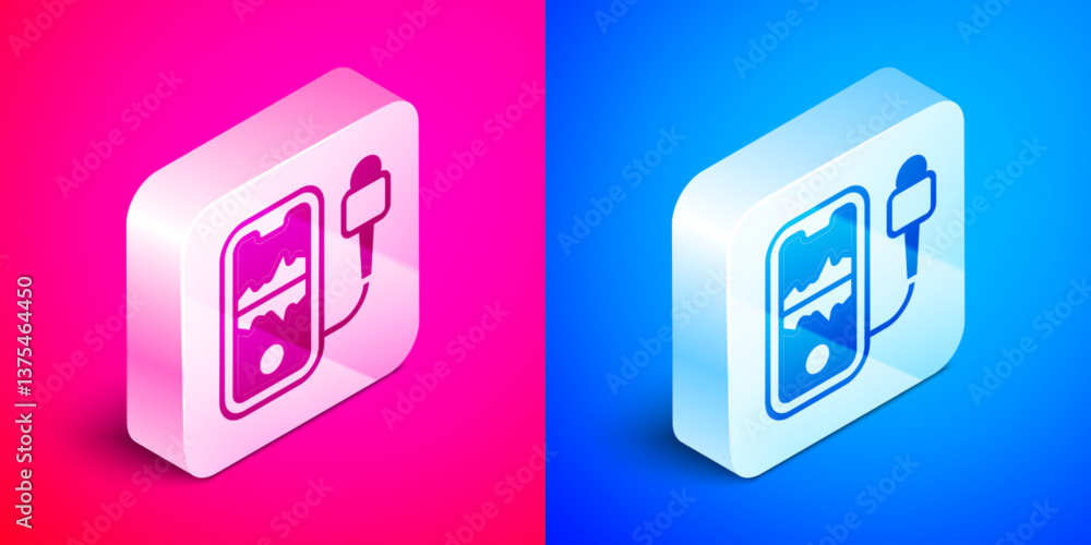 Aufkleber isometric mobile recording icon isolated on pink and blue background. mobile phone with microphone. 
