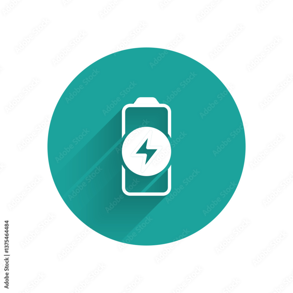 Poster white battery charge level indicator icon isolated with long shadow background. green circle button.