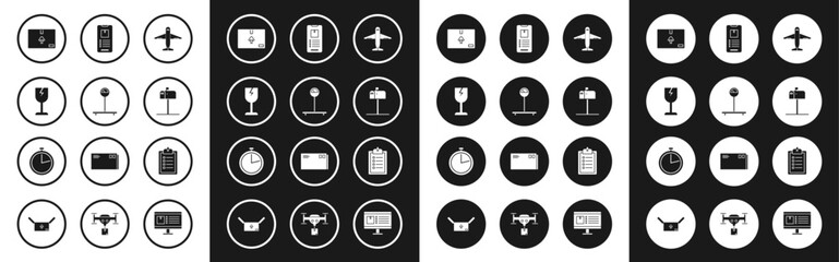 Fototapeta premium Set Plane, Scale, Fragile broken glass symbol, Cardboard box with traffic, Open mail, Mobile phone app delivery tracking, Verification of list clipboard and Stopwatch icon. Vector