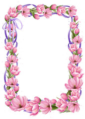 Obraz premium Spring banner with pink tulips, purple ribbons. Watercolor style, gentle. Suitable for cards, invitations, poster design, wedding decorations and compositions