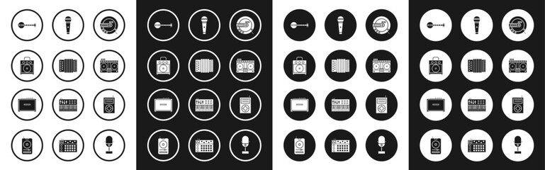 Set Music CD player, Musical instrument accordion, Guitar amplifier, Banjo, DJ remote for playing and mixing music, Microphone, MP3 and icon. Vector
