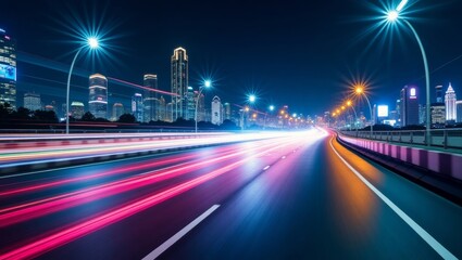 Fototapeta premium Light trails illuminating a highway at night with city skyline in background