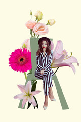 Vertical sketch 3d collage poster of serious glamour girl sit bouquet bunch gerbera flower lily...