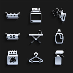 Fototapeta premium Set Iron and ironing board, Hanger wardrobe, Water spray bottle, Bottle for cleaning agent, Laundry detergent, Temperature wash, Electric and icon. Vector