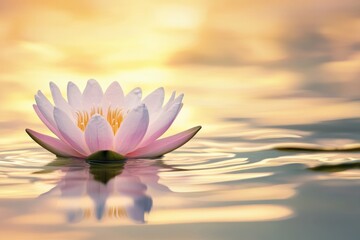 Delicate lotus flower floats on tranquil water, radiating serene