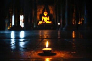 Candle illuminates temple, creating serene atmosphere, guiding t
