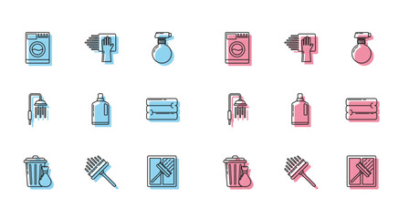 Set line Trash can and garbage bag, Squeegee, scraper, wiper, Washer, Plastic bottles for liquid dishwashing liquid, Towel stack, Shower head with water drops flowing and Cleaning service icon. Vector
