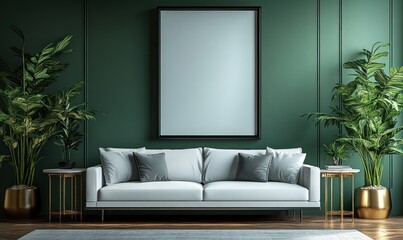 Minimalist Modern Living Room with White Sofa and Dark Green Wall Background