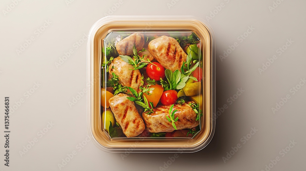 Poster Overhead view of grilled chicken salad with tomatoes in a plastic container on a plain background