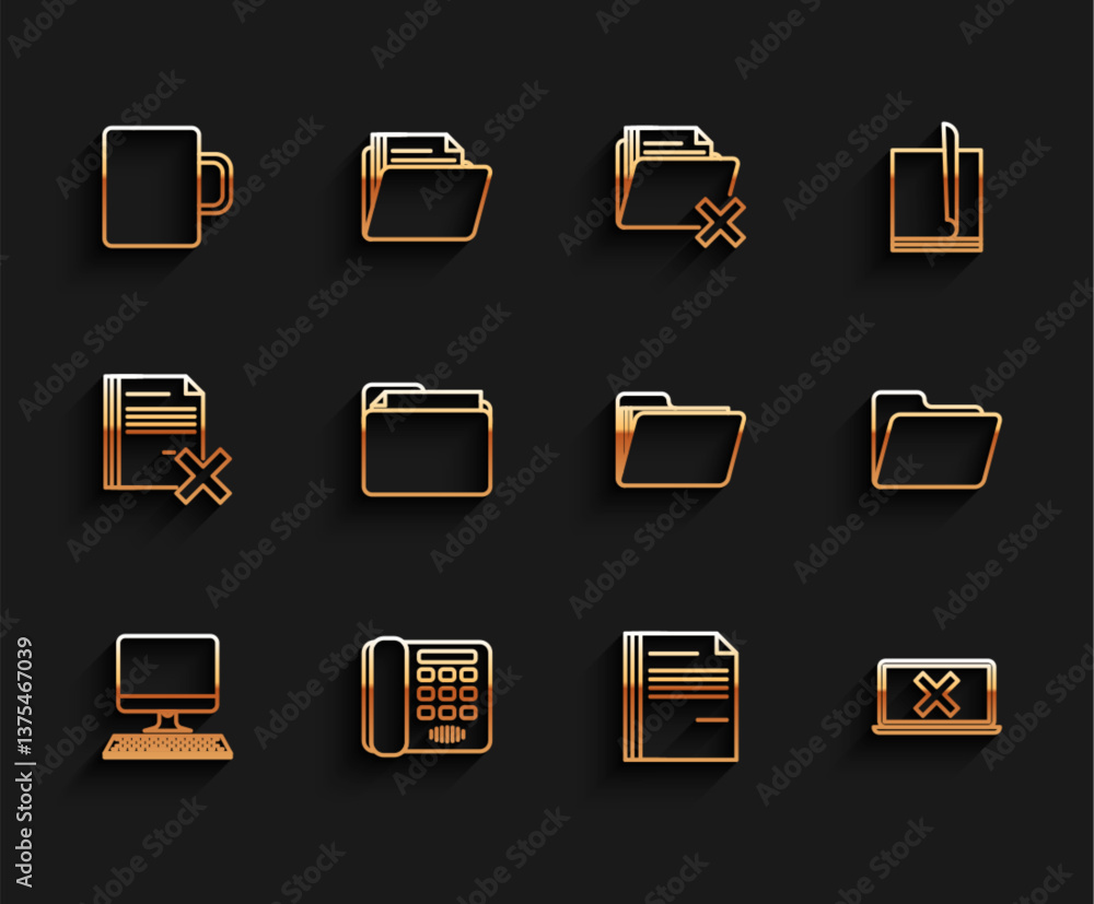 Poster set line computer monitor with keyboard, telephone, coffee cup, file document, laptop and cross mark