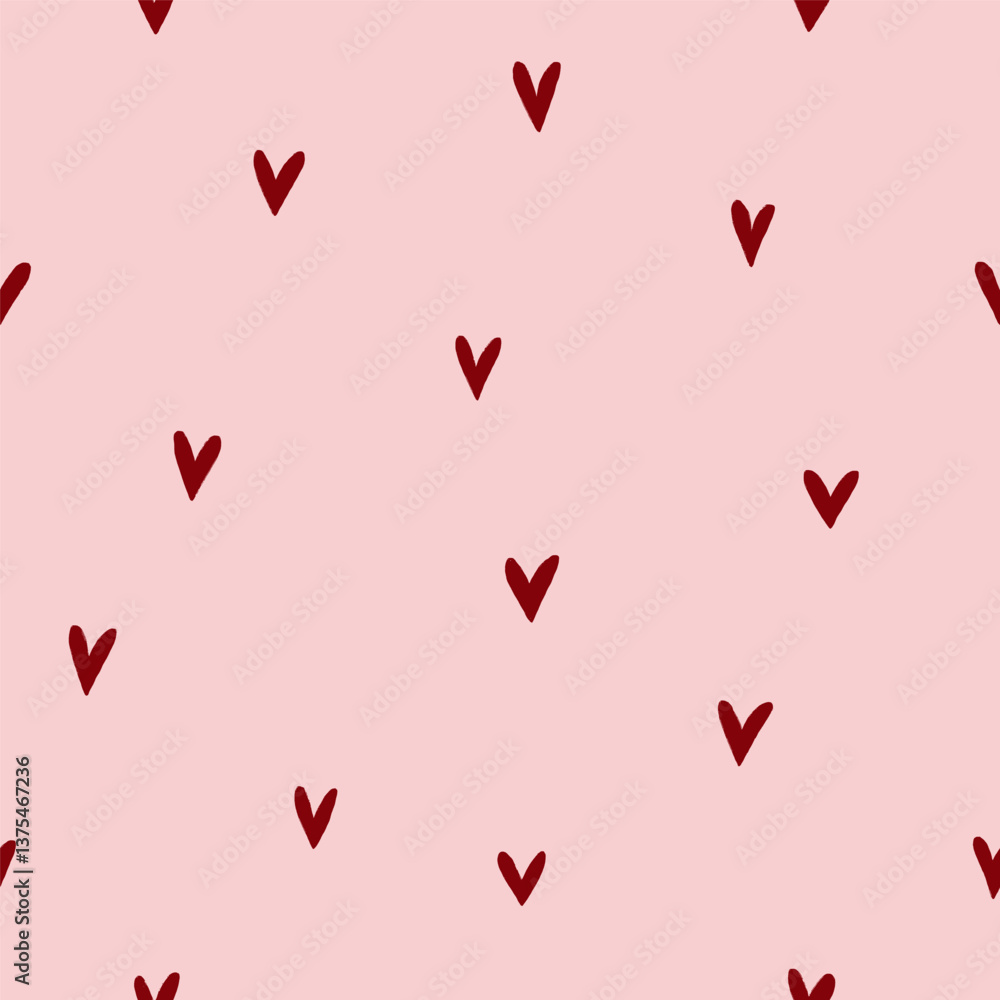 Poster Heart pattern, seamless repeating print. Endless background design with simple tiny irregular valentines. Cute love texture for feminine fabric, textile, cloth, wrapping. Flat vector illustration