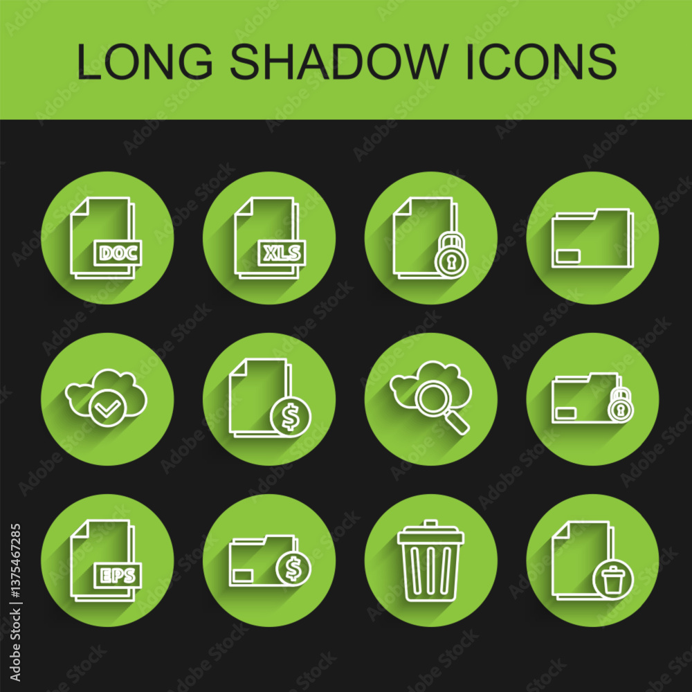 Poster set line eps file document, finance folder, doc, trash can, delete, folder and lock and search cloud