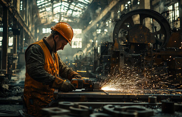 Industrial worker wearing safety gear using grinder tool with flying sparks in large factory filled with heavy machinery