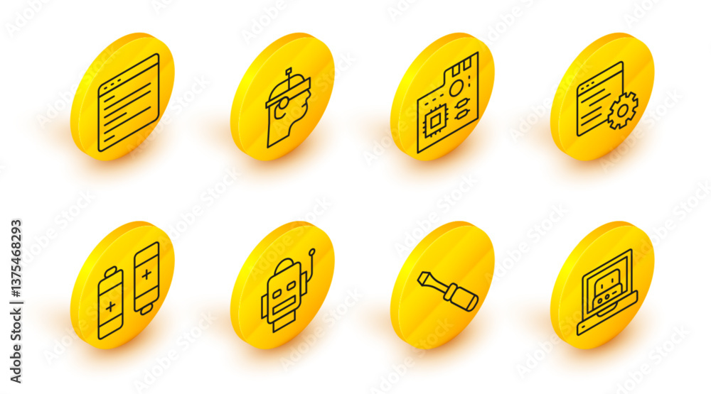 Poster set line creating robot, screwdriver, robot, battery, computer api interface, motherboard digital ch