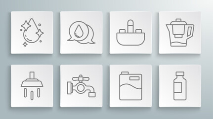 Fototapeta na wymiar Set line Shower, Water drop, tap, Big bottle with clean water, Bottle of, Washbasin, jug filter and icon. Vector