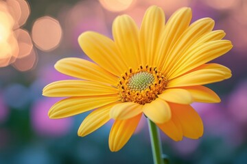 Close Up of Vibrant Yellow Daisy in Bokeh Background with Natural Lighting and Shallow Depth of Field