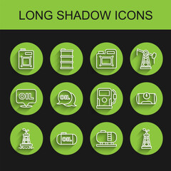 Set line Oil rig, tank storage, Canister for motor oil, Word, Gas vehicle and Petrol gas station icon. Vector