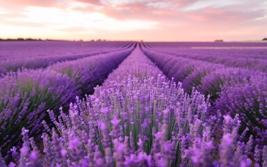 Fototapeta premium Endless Lavender Fields Under a Dreamlike Pink and Gold Sunset
