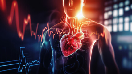 Fototapeta premium 3D illustration of a human heart inside a digital male body with glowing veins and futuristic medical interface. Concept of cardiology, health tech, and human anatomy. 
