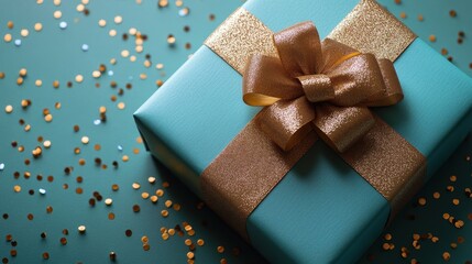 Teal Gift Box with Gold Glitter Bow and Confetti
