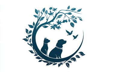 Pet silhouette under a tree, with dog and cat, in nature, with birds flying in the background