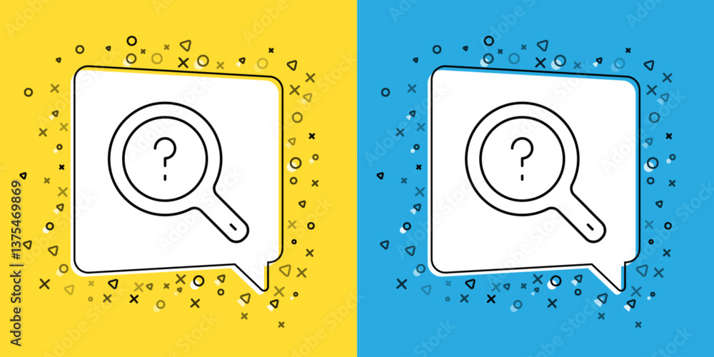 Poster set line unknown search icon isolated on yellow and blue background. magnifying glass and question m