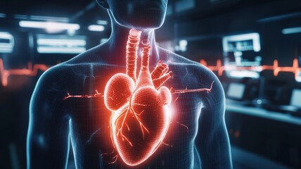 3D illustration of a human heart inside a digital male body with glowing veins and futuristic medical interface. Concept of cardiology, health tech, and human anatomy.
