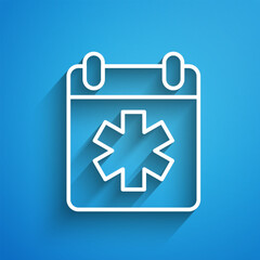 Obraz premium White line Doctor appointment icon isolated on blue background. Calendar, planning board, agenda, consultation doctor. Long shadow. Vector