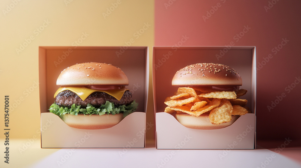 Aufkleber two burgers in boxes against a split color background one with chips and the other with lettuce and 