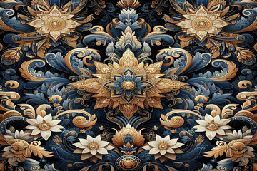 Dark blue,gold and white ethnic silk pattern, background image.