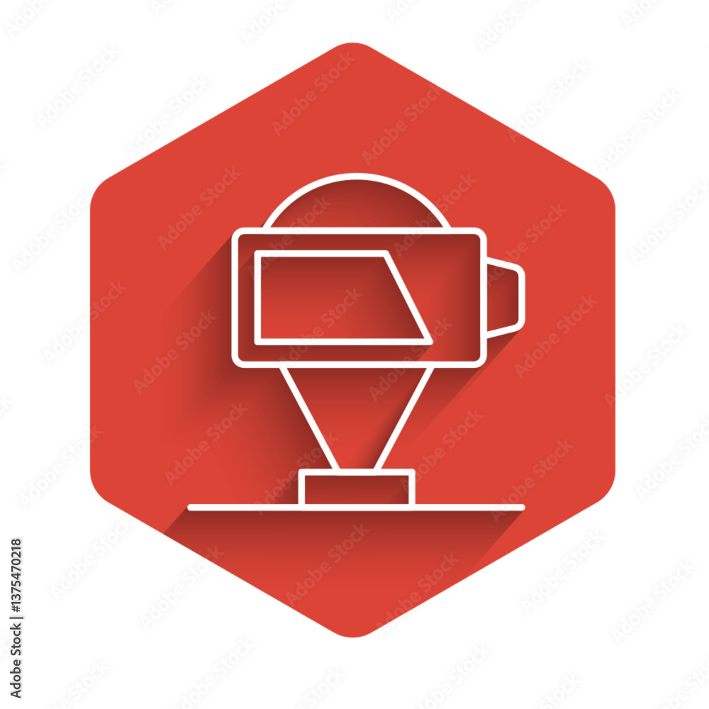 Poster white line battery charge level indicator icon isolated with long shadow background. red hexagon but