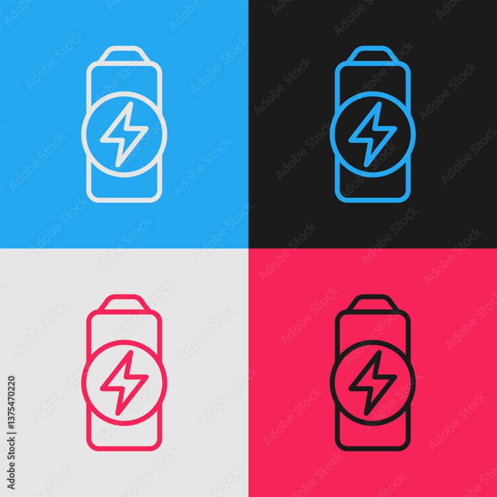 Aufkleber pop art line battery charge level indicator icon isolated on color background. vector