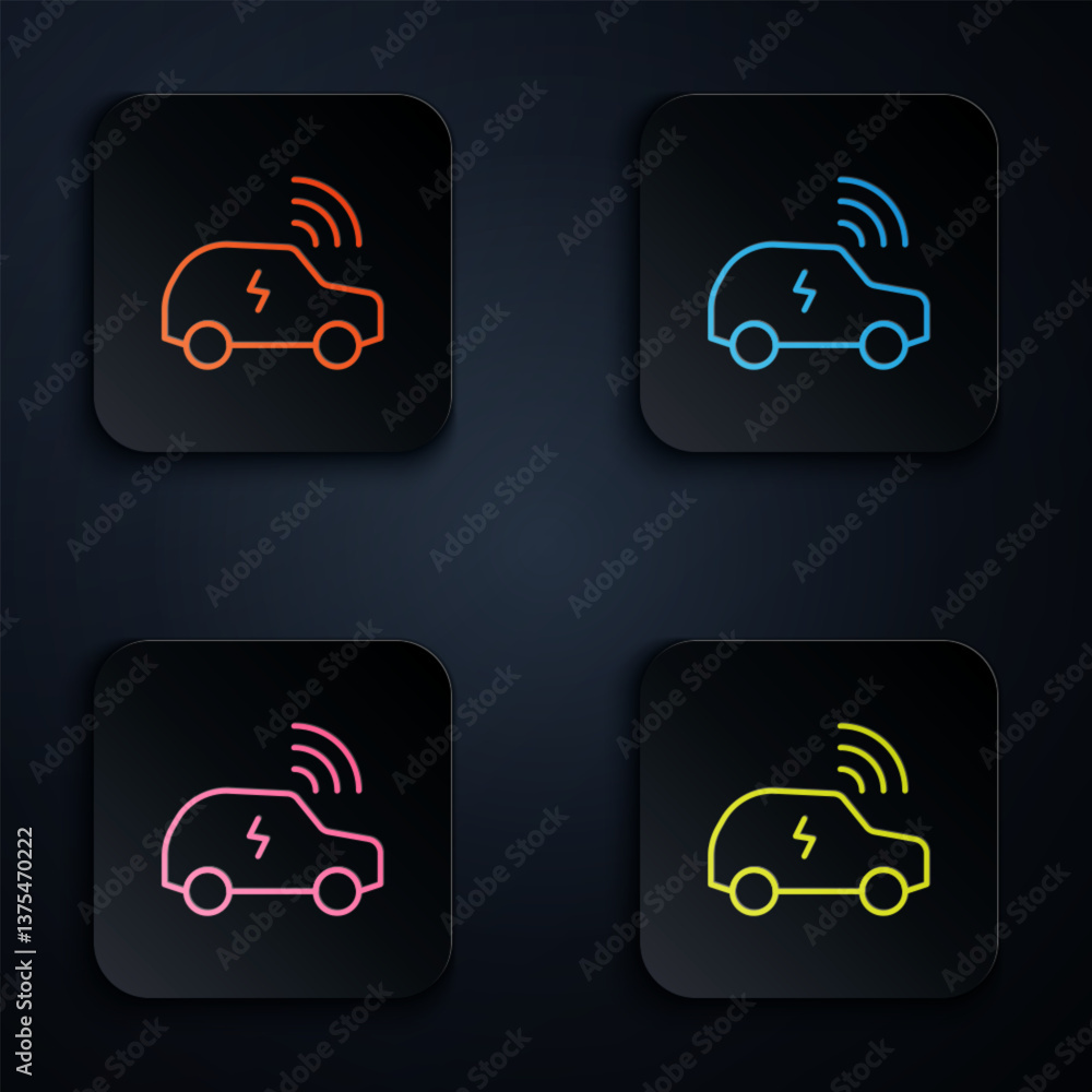 Poster color neon line smart car system with wireless connection icon isolated on black background. remote 