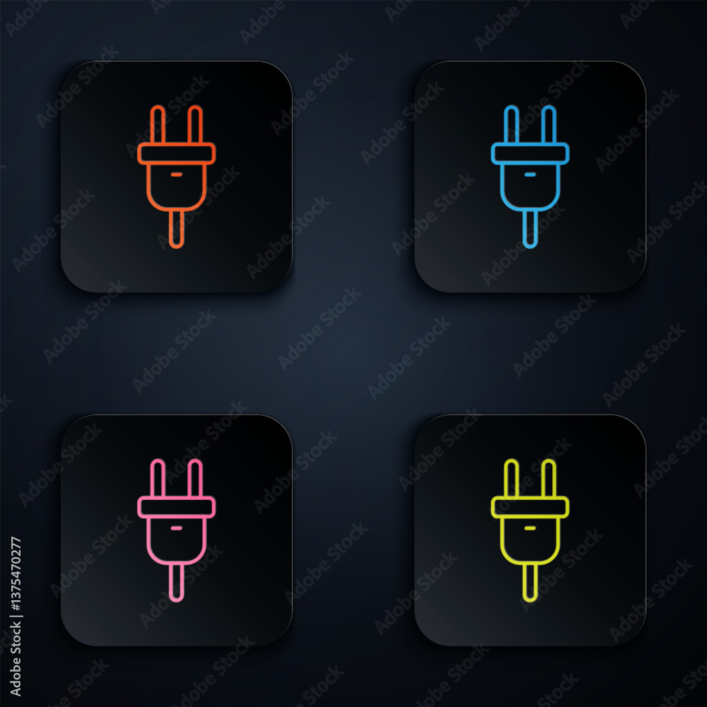 Poster color neon line electric plug icon isolated on black background. concept of connection and disconnec