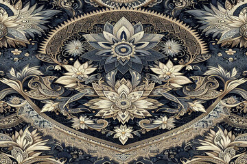 Dark blue,gold and white ethnic silk pattern, background image.