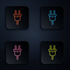 Obraz premium Color neon line Electric plug icon isolated on black background. Concept of connection and disconnection of the electricity. Set icons in square buttons. Vector