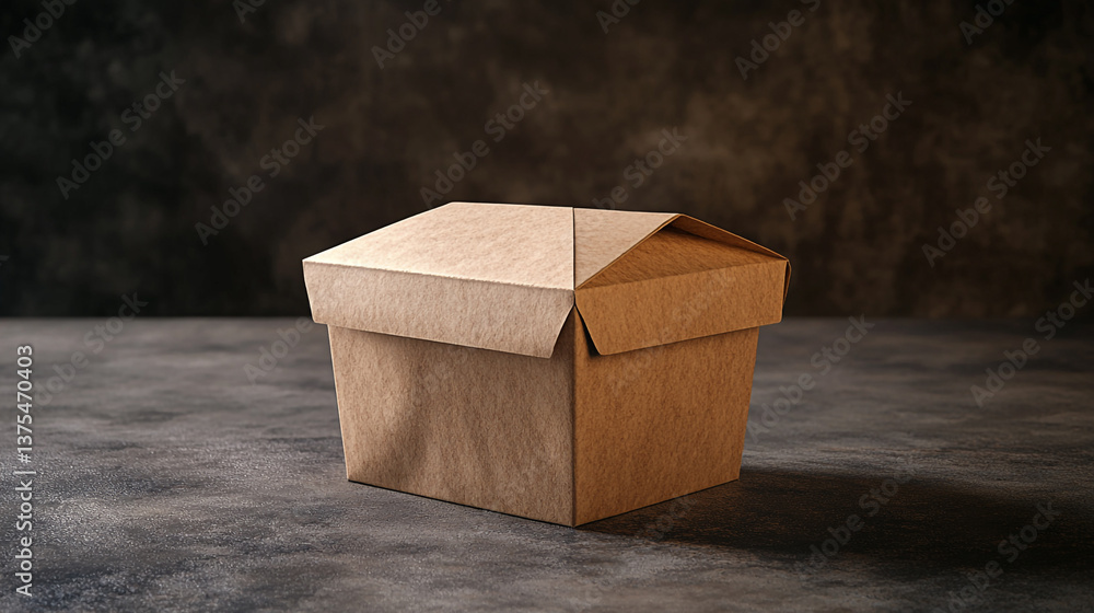 Poster a brown cardboard takeout container with a lid on a dark textured surface in a studio setting