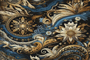 Dark blue,gold and white ethnic silk pattern, background image.