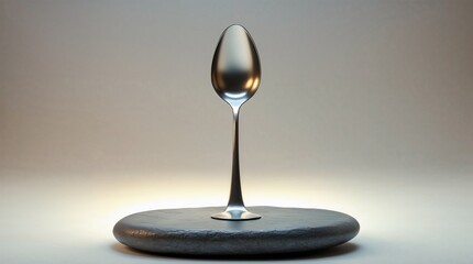 A metal spoon balanced on its edge, symbolizing precision, unexpected balance, or the ordinary becoming extraordinary. Minimal abstract concept. Copy space.