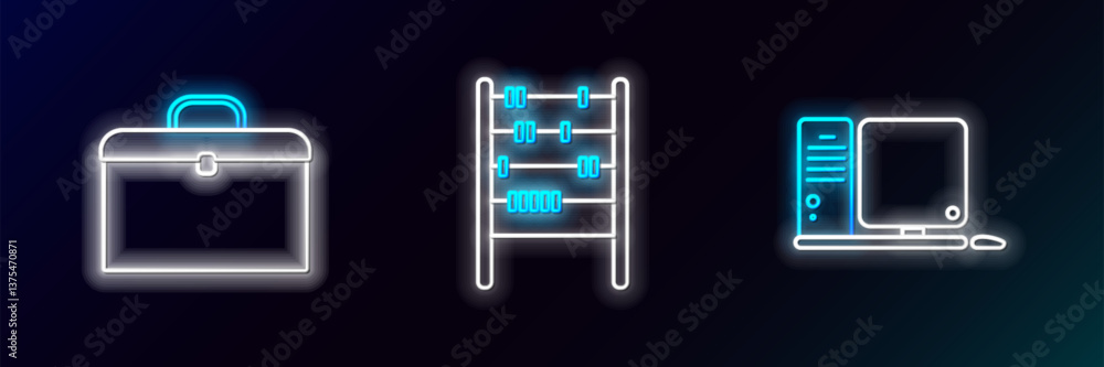 Poster set line computer monitor with keyboard and mouse, briefcase and abacus icon. glowing neon. vector