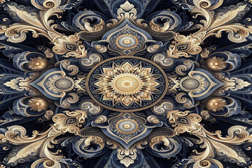 Dark blue,gold and white ethnic silk pattern, background image.
