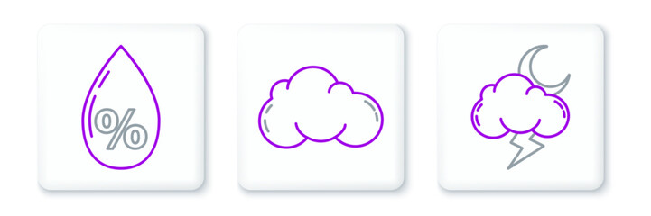 Set line Storm, Water drop percentage and Cloud icon. Vector