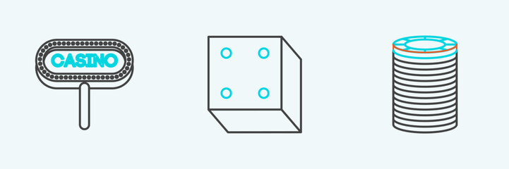 Set line Casino chips, signboard and Game dice icon. Vector