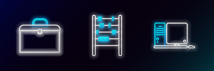 Fototapeta premium Set line Computer monitor with keyboard and mouse, Briefcase and Abacus icon. Glowing neon. Vector