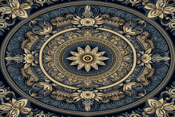 Dark blue,gold and white ethnic silk pattern, background image.