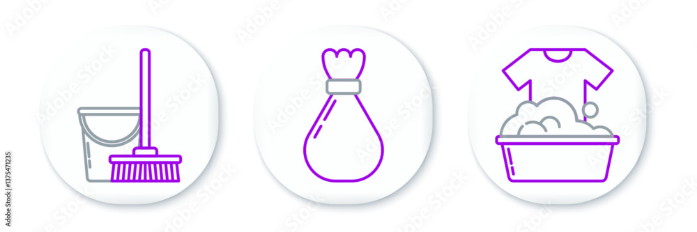 Poster set line plastic basin with soap suds, mop and bucket and garbage bag icon. vector