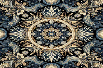 Dark blue,gold and white ethnic silk pattern, background image.