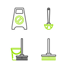 Set line Mop, and bucket, Toilet brush and Wet floor cleaning in progress icon. Vector