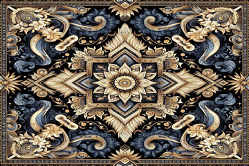 Dark blue,gold and white ethnic silk pattern, background image.